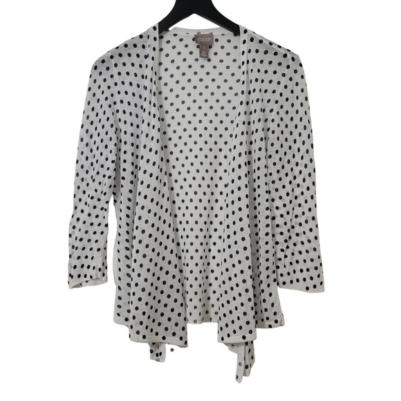 Chico's‎ Cardigan Sweater M Black White Polka Dots Open Waterfall Lightweight - Picture 1 of 5